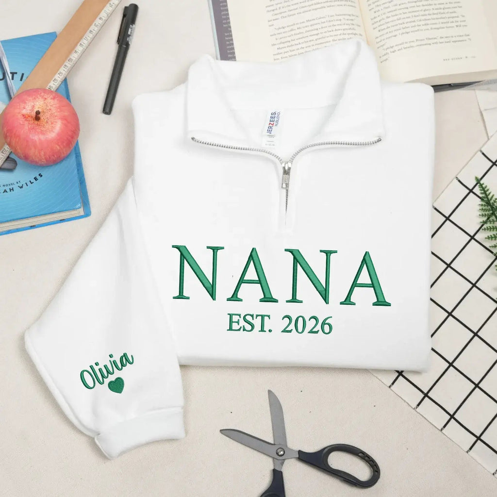 Custom Embroidered Nana Quarter Zip Sweatshirt with Kids Name, Personalized Gift for New Grandma from Daughter