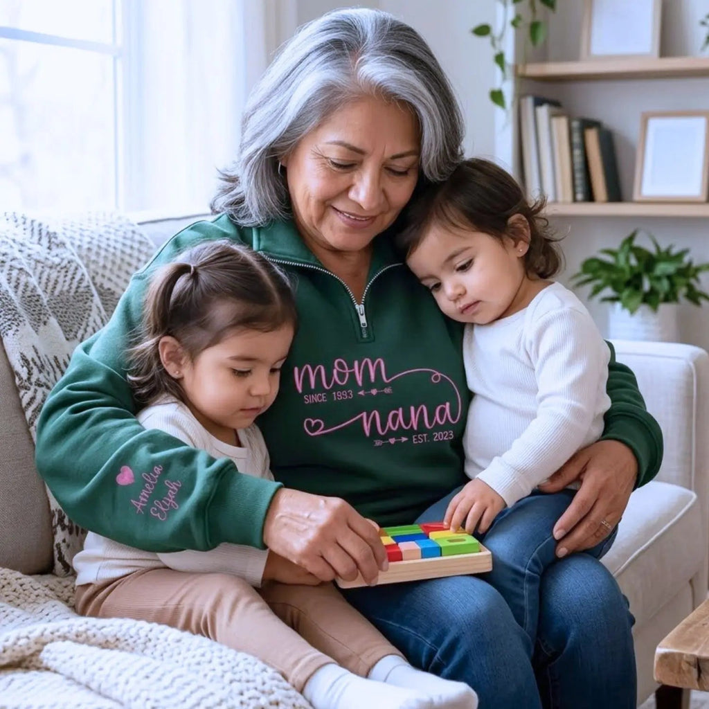 Custom Embroidered Mom to Nana EST Quarter Zip Sweatshirt with Kids Name, Personalized Nana Gifts Mothers Day