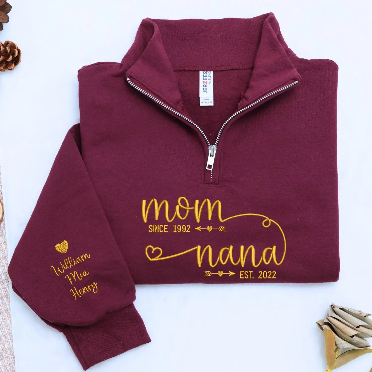 Custom Embroidered Mom to Nana EST Quarter Zip Sweatshirt with Kids Name, Personalized Nana Gifts Mothers Day
