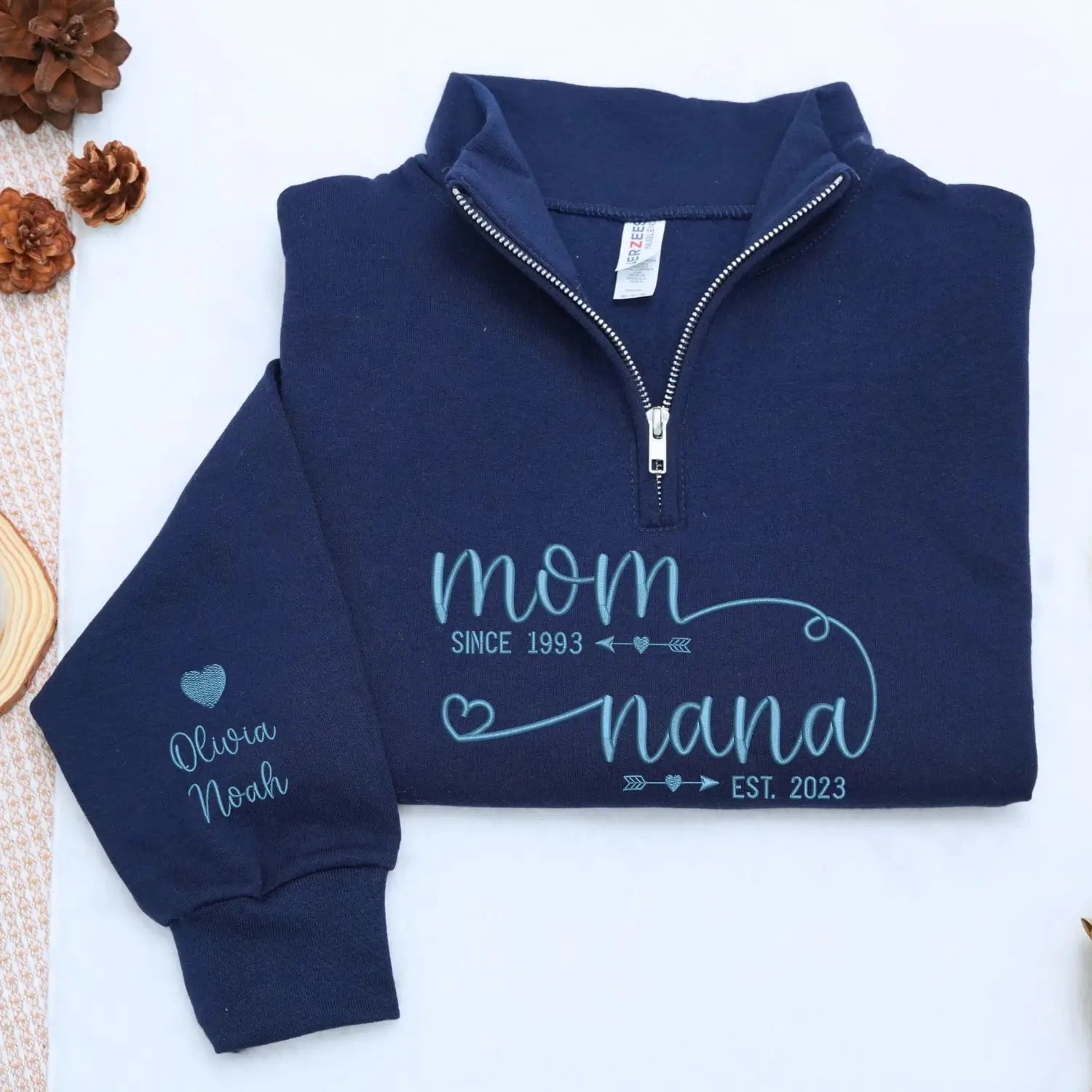 Custom Embroidered Mom to Nana EST Quarter Zip Sweatshirt with Kids Name, Personalized Nana Gifts Mothers Day