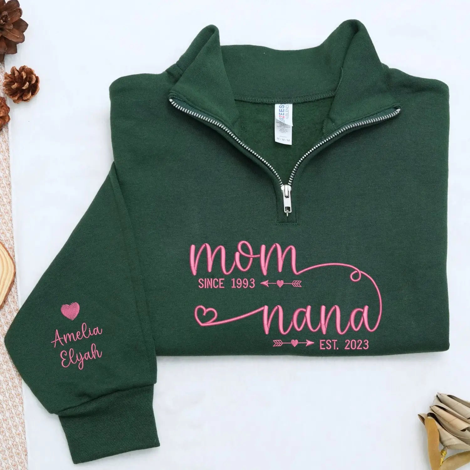 Custom Embroidered Mom to Nana EST Quarter Zip Sweatshirt with Kids Name, Personalized Nana Gifts Mothers Day
