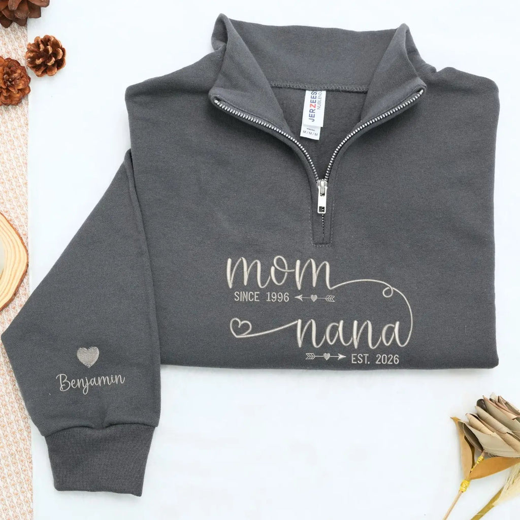 Custom Embroidered Mom to Nana EST Quarter Zip Sweatshirt with Kids Name, Personalized Nana Gifts Mothers Day