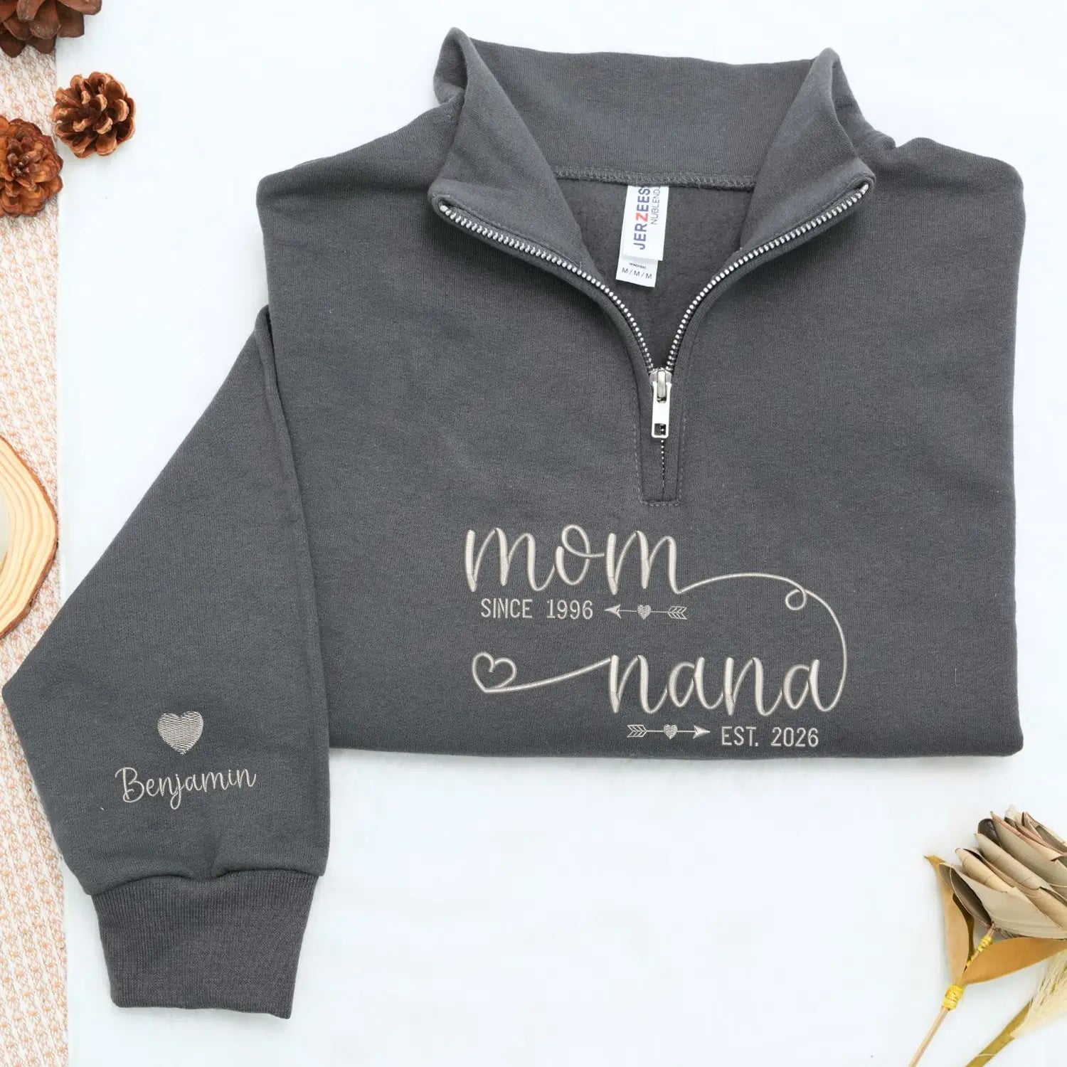 Custom Embroidered Mom to Nana EST Quarter Zip Sweatshirt with Kids Name, Personalized Nana Gifts Mothers Day