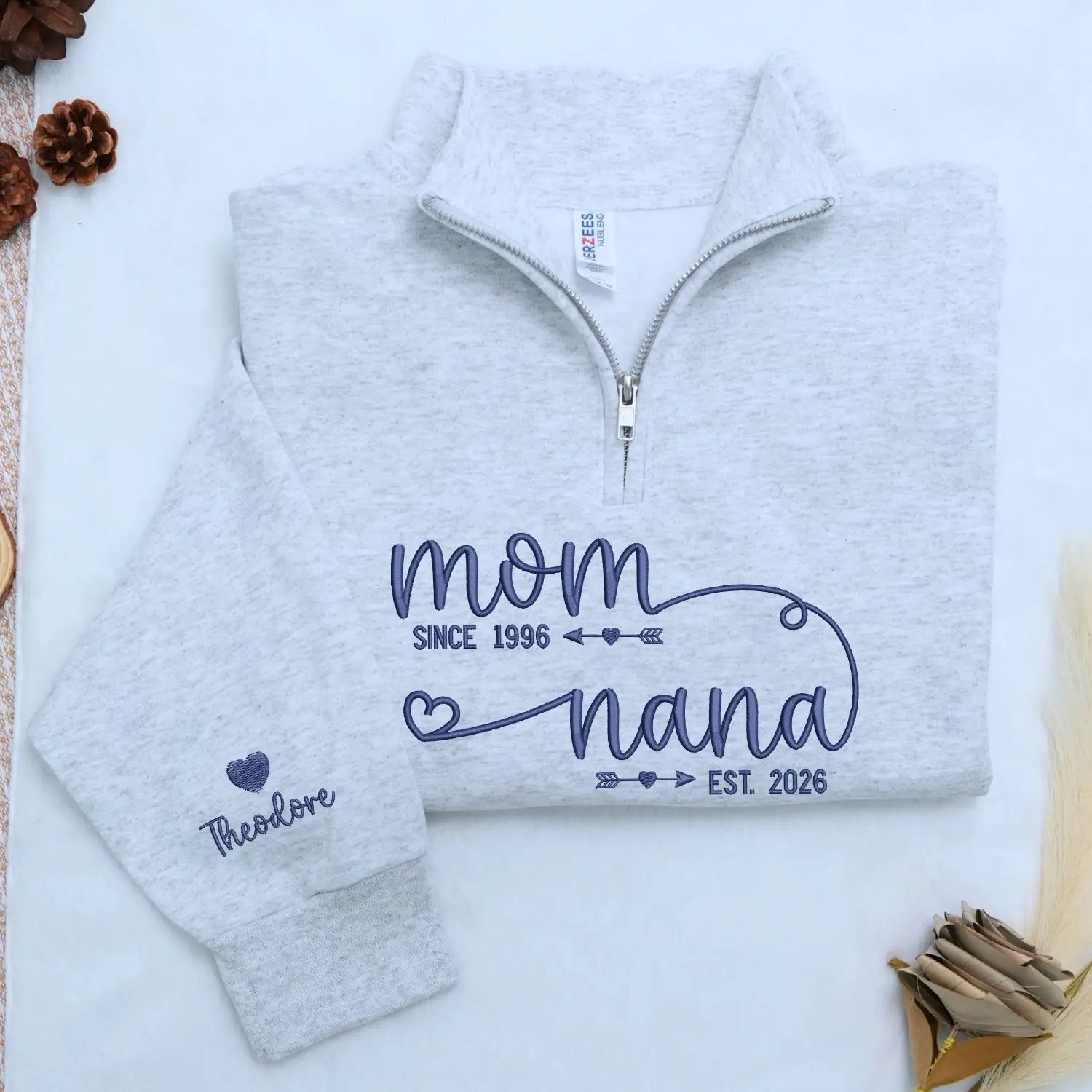 Custom Embroidered Mom to Nana EST Quarter Zip Sweatshirt with Kids Name, Personalized Nana Gifts Mothers Day