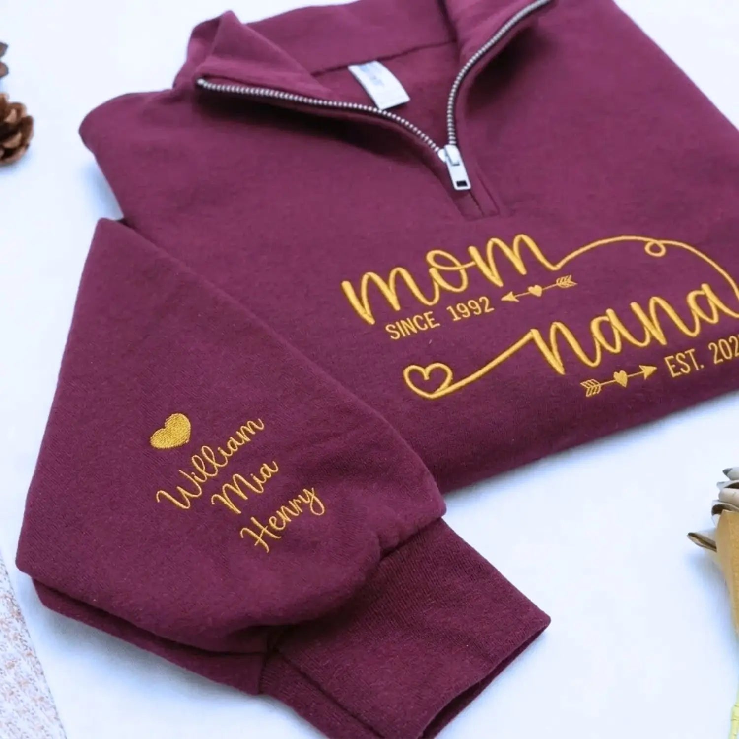 Custom Embroidered Mom to Nana EST Quarter Zip Sweatshirt with Kids Name, Personalized Nana Gifts Mothers Day