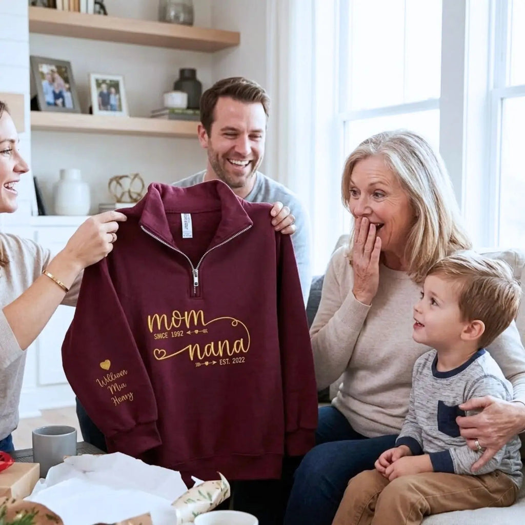 Custom Embroidered Mom to Nana EST Quarter Zip Sweatshirt with Kids Name, Personalized Nana Gifts Mothers Day