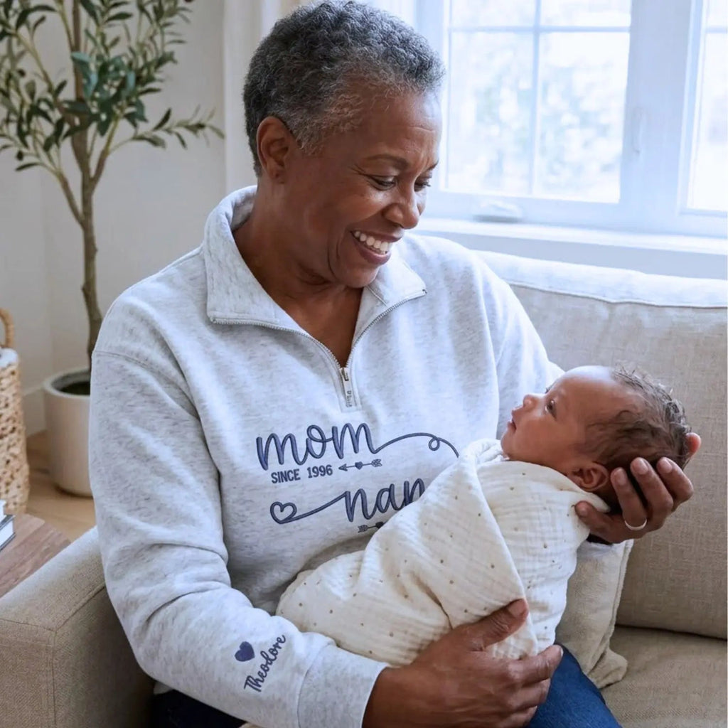 Custom Embroidered Mom to Nana EST Quarter Zip Sweatshirt with Kids Name, Personalized Nana Gifts Mothers Day