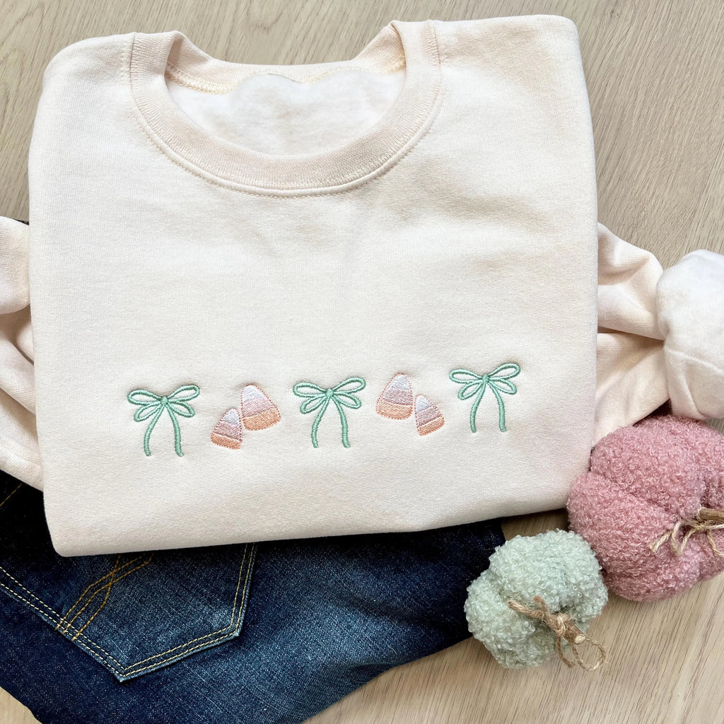 Embroidered Coquette Halloween Sweatshirt – Cute Spooky Season Crewneck with Bow, Autumn Gift for Her
