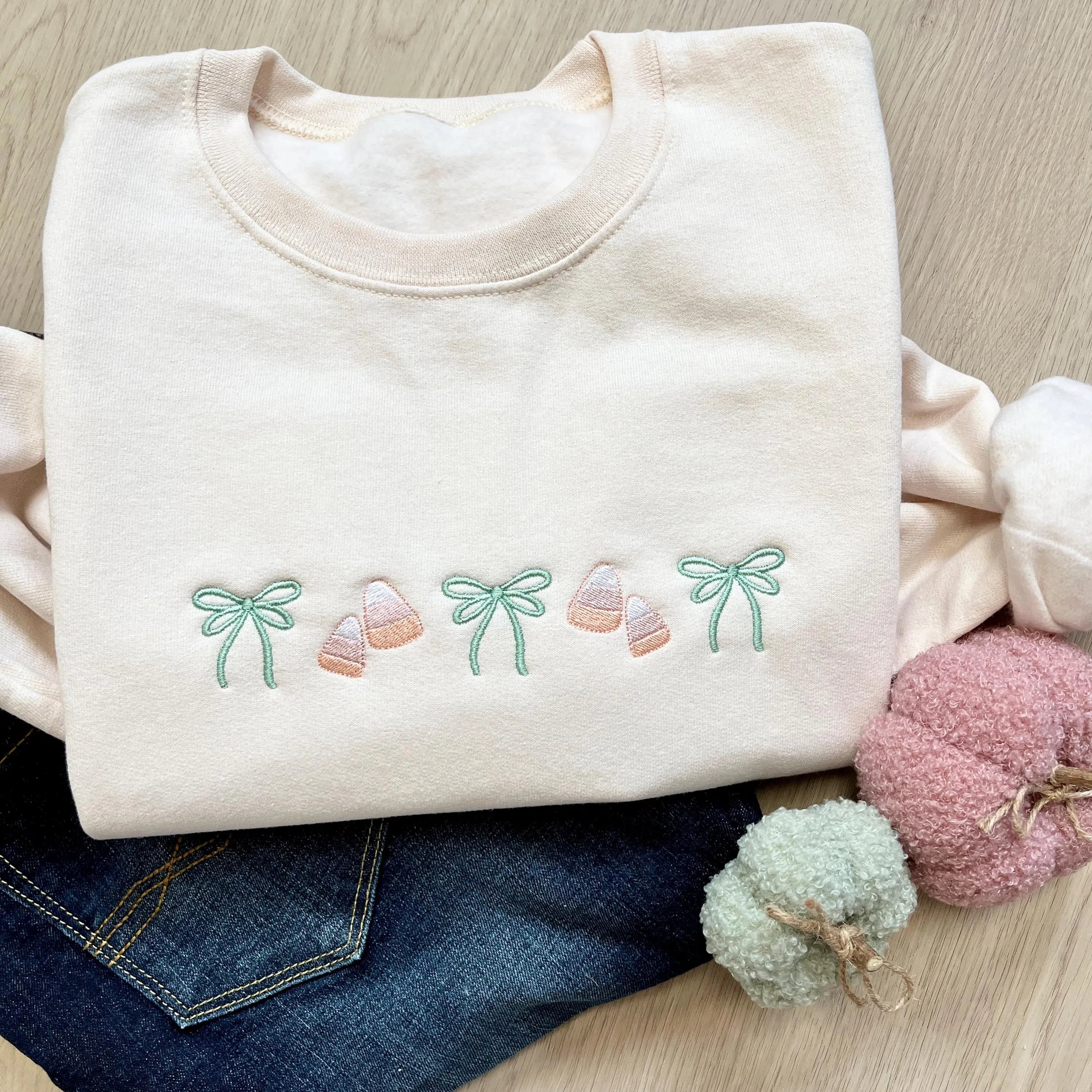 Embroidered Coquette Halloween Sweatshirt – Cute Spooky Season Crewneck with Bow, Autumn Gift for Her