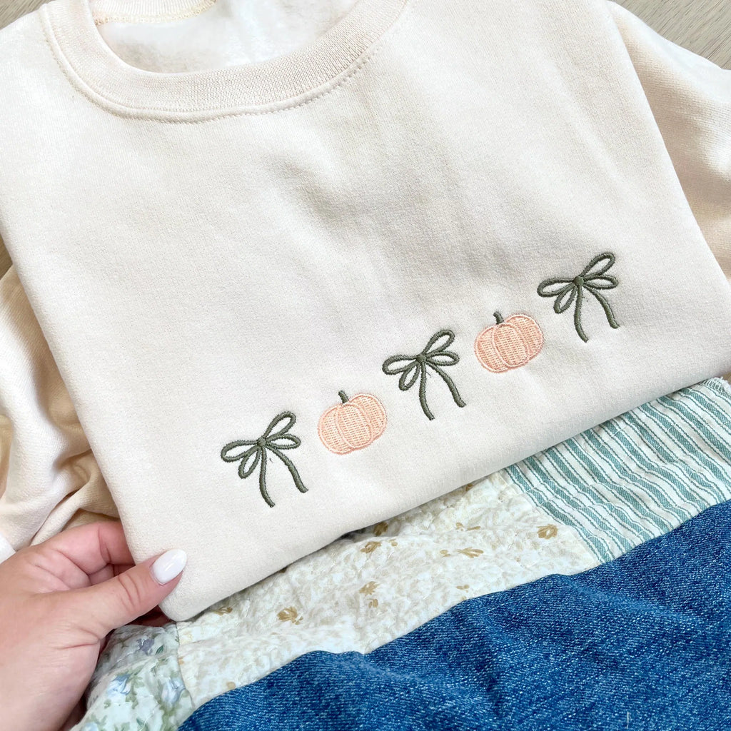 Embroidered Coquette Halloween Sweatshirt – Cute Spooky Season Crewneck with Bow, Autumn Gift for Her