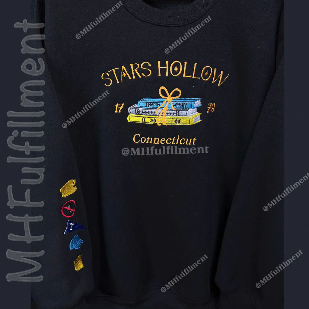Embroidered Stars Hollow Sweatshirt – Bookish Connecticut Crewneck for Fall, Halloween & Thanksgiving