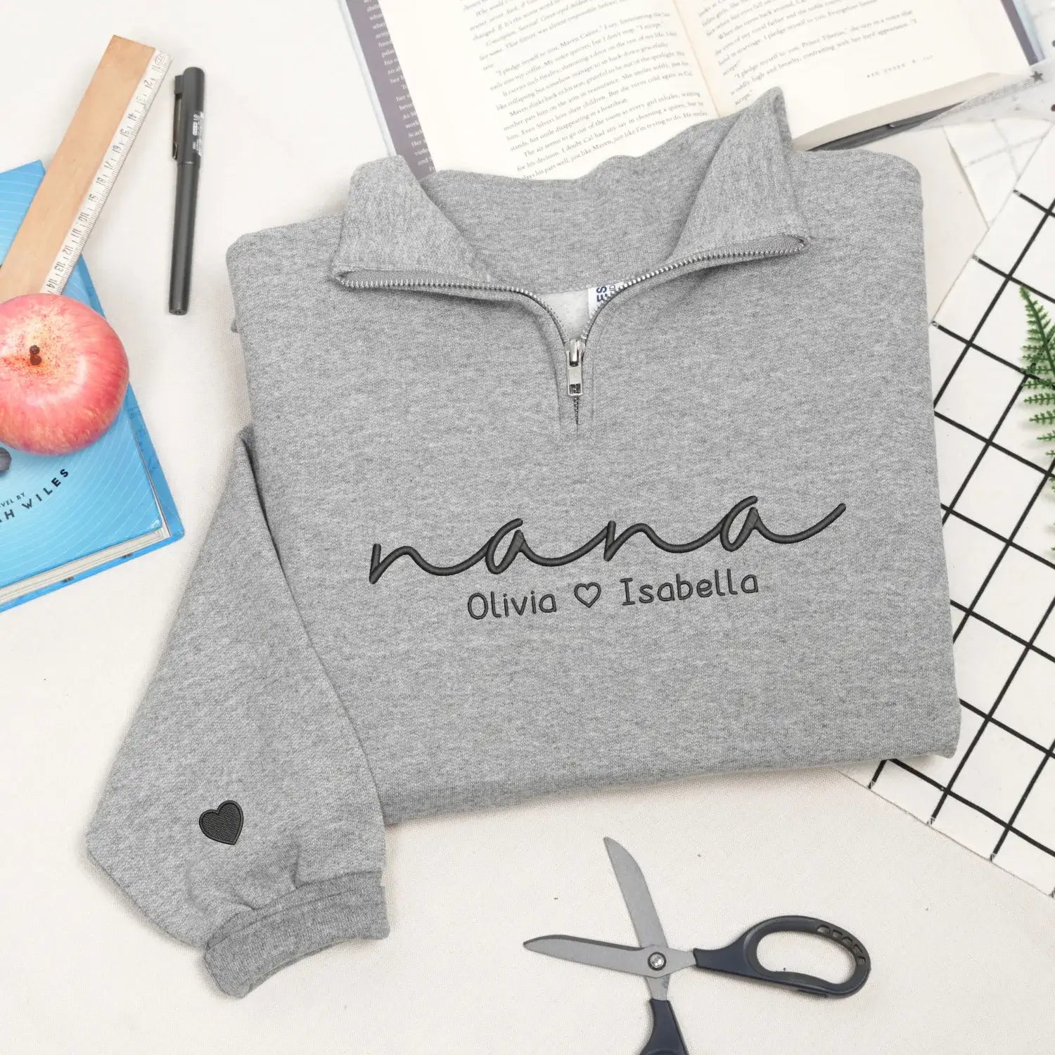Custom Nana Quarter Zip Sweatshirt with Kids Name on Chest, Personalized Embroidered Gift for Nana Grandma Gigi