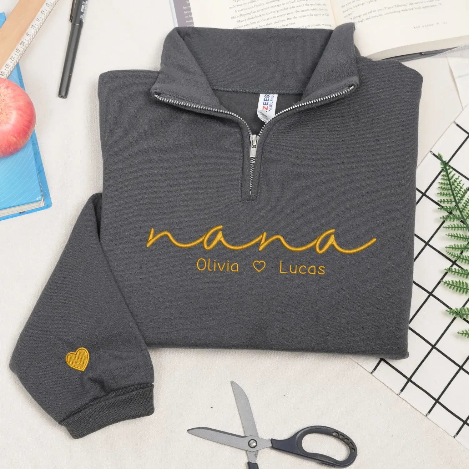 Custom Nana Quarter Zip Sweatshirt with Kids Name on Chest, Personalized Embroidered Gift for Nana Grandma Gigi
