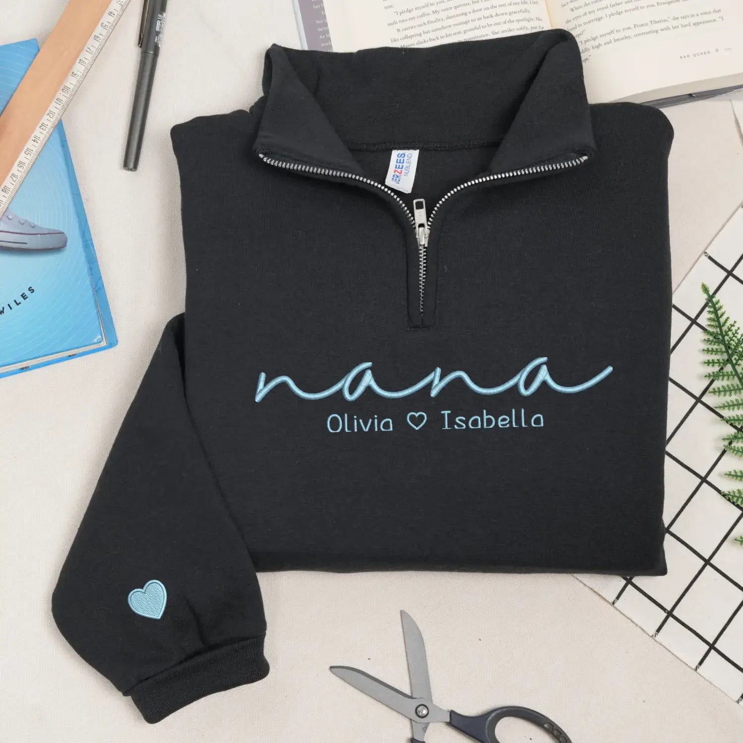 Custom Nana Quarter Zip Sweatshirt with Kids Name on Chest, Personalized Embroidered Gift for Nana Grandma Gigi