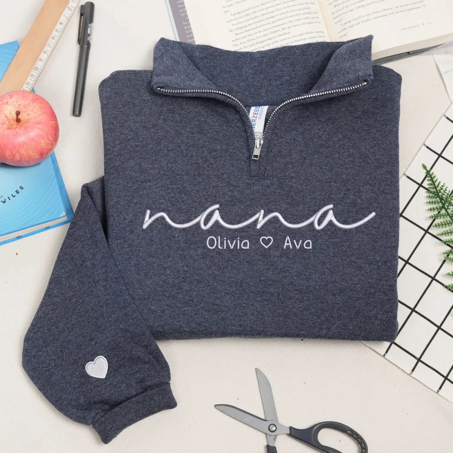 Custom Nana Quarter Zip Sweatshirt with Kids Name on Chest, Personalized Embroidered Gift for Nana Grandma Gigi