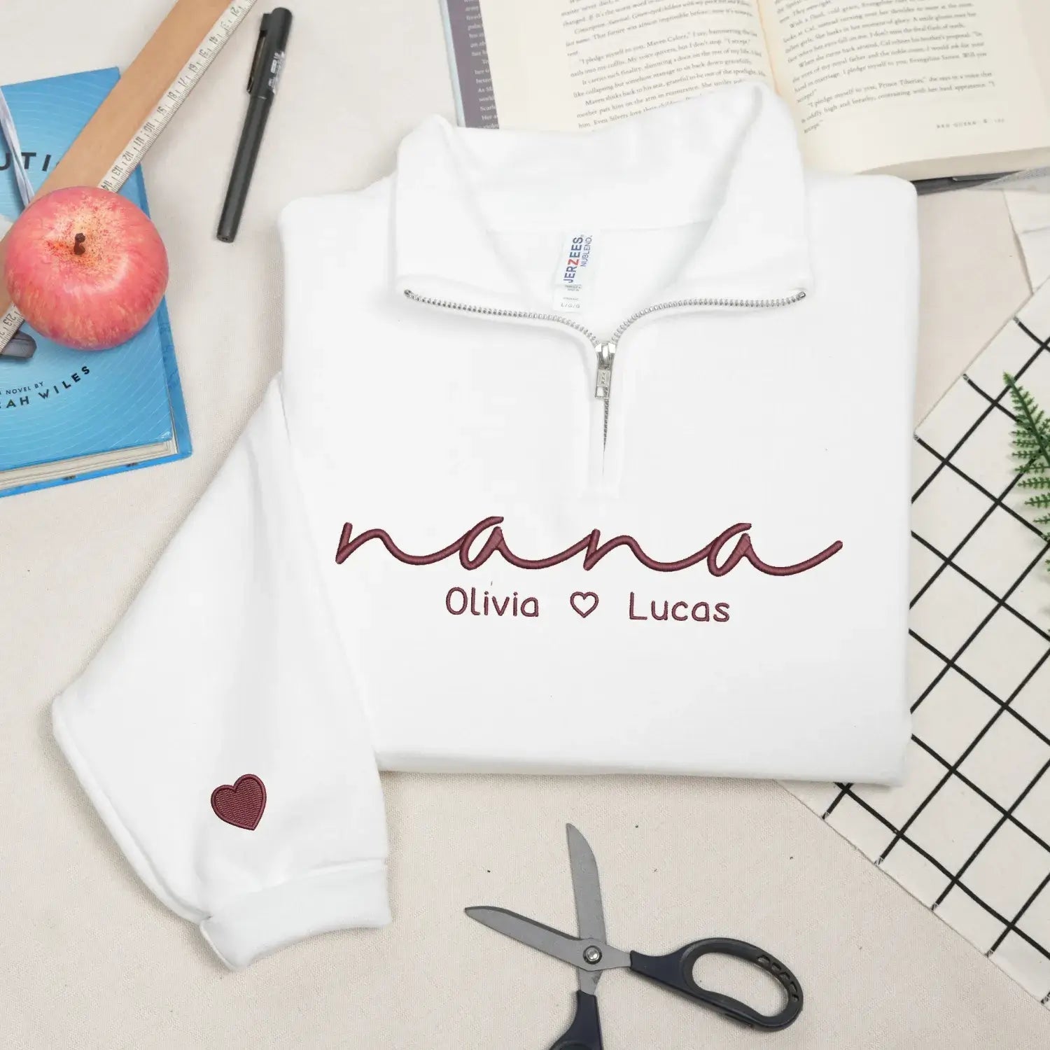 Custom Nana Quarter Zip Sweatshirt with Kids Name on Chest, Personalized Embroidered Gift for Nana Grandma Gigi