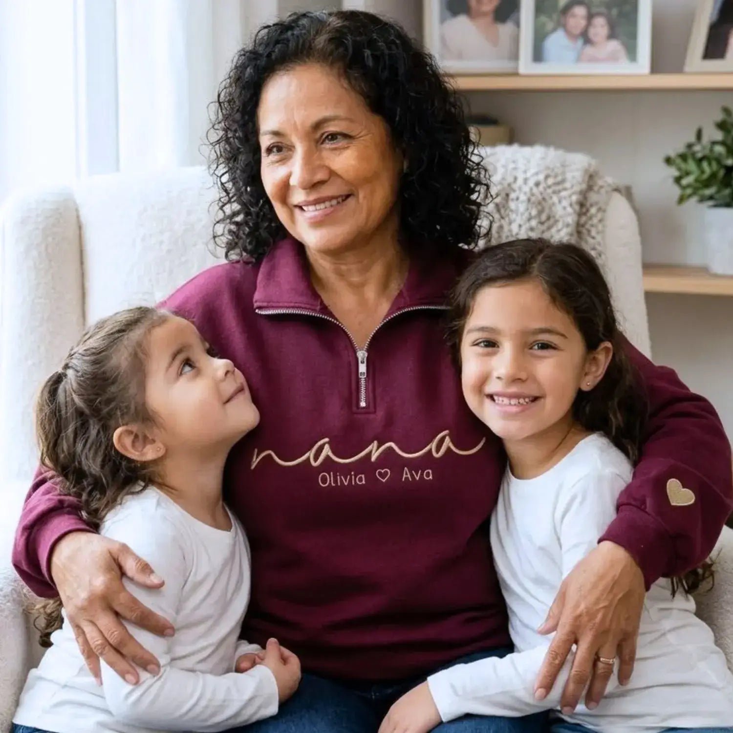 Custom Nana Quarter Zip Sweatshirt with Kids Name on Chest, Personalized Embroidered Gift for Nana Grandma Gigi