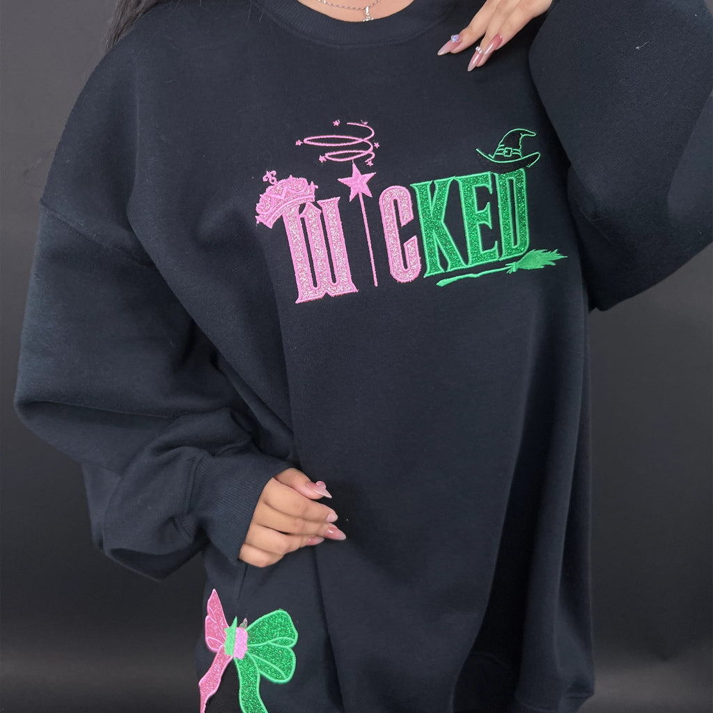 Wicked Defy Gravity Embroidered Sweatshirt | Side Bow Glinda & Elphaba Hoodie