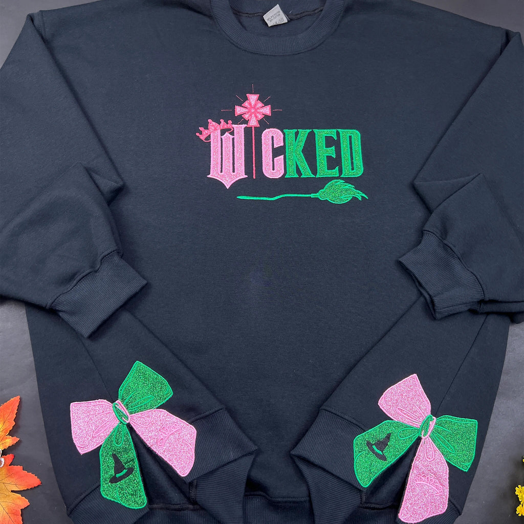 Wicked Movie Embroidered Sweatshirt | Defying Gravity Side Bow Glinda & Elphaba Hoodie