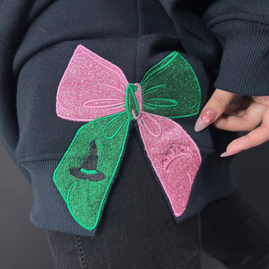 Wicked Movie Embroidered Sweatshirt | Defying Gravity Side Bow Glinda & Elphaba Hoodie